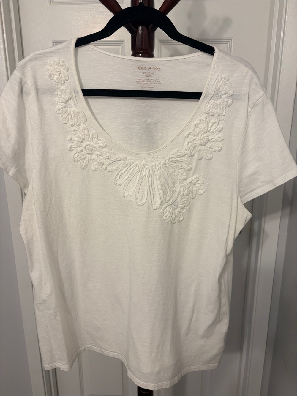 White Scoop Neck Tee with Embroidered and Beaded Yoke